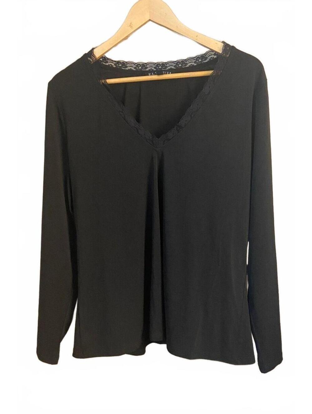 Eloquii Black Long Sleeve V-Neck Top with Lace Trim Size 18/20